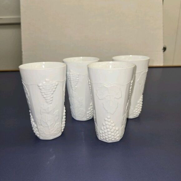 Indiana Glass Other - Vintage Indiana Milk Glass Glasses Harvest Grape Tumblers  Set Of  4 16 Oz.